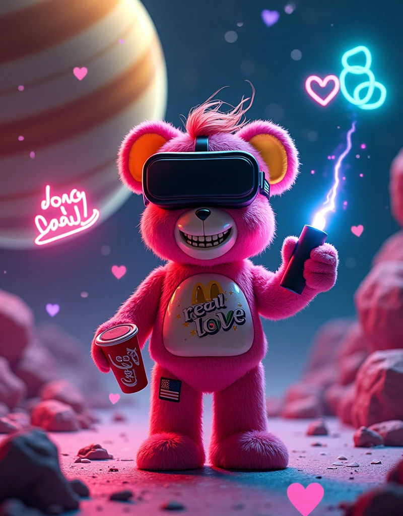 NFT cool art big red saturn planet behind a space bear NASA,on the left hand is american flag patch only one hand and another one hand holding a rose holding a :: coca cola mcdonalds cup :: photo included flash light symbolls on the wall and ::space skies and stars and giant saturn planet close up and falling star on the background :: of 1 toy full body with fashion grunge style toy bear, black mirror VR mask blue neon glow, pink fur, toy bear holding a thunfer flash light neon in the hand, hug ( neon glow my LOVE neon glow word :: ) with two eyes in a style in mood and happy smiling with teeth smile wearing a :: yellow:: red hair and a slash yellow glow on the bear, background with X and O game made of hearts, Glowing stars is flying in the air, neon glow heart inside of the heart is the word :: REAL LOVE :: word, 90's fashion font graffiti words:: hug LOVE::, hyper detailed 35 mm shot