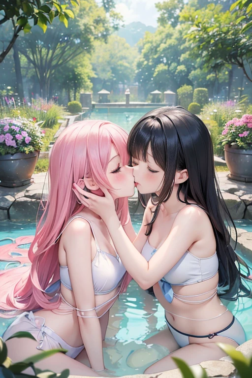 (8 (8k, Highest quality, masterpiece:1.2),cute,cute***たち,Couple girls,2 people，お腹にkissをする，mesugaki,Fantasy_world,kiss,Open-air bath，Touching each other&#39;s breasts，Gentle caress，Heavy breathing，White liquid splashed on face，お腹にディープkiss，starry skies，night