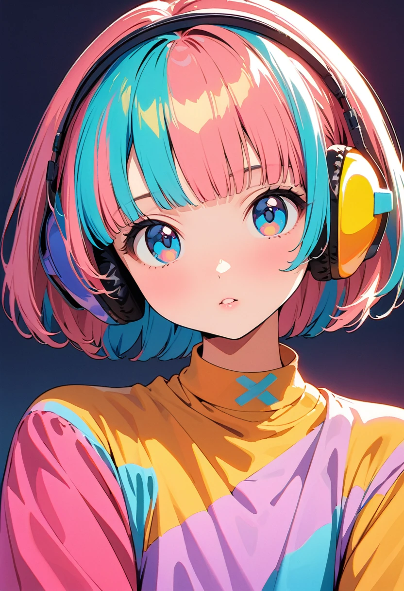 (Highest quality:1.2, City Pop Style, Very detailed, Latest, Vibrant, High Contrast, masterpiece:1.2, Highest quality, Best aesthetics), girl, ((Face Up Shot:1.4)), Colorful Hair, Bobcut, pastel colour, 1980s style, ((Retro, Vintage, Plain background))( Headphones)