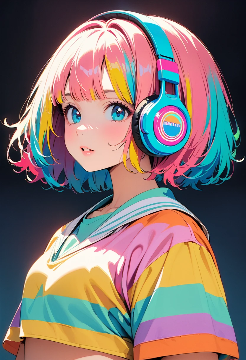 (Highest quality:1.2, City Pop Style, Very detailed, Latest, Vibrant, High Contrast, masterpiece:1.2, Highest quality, Best aesthetics), girl, ((Face Up Shot:1.4)), Colorful Hair, Bobcut, pastel colour, 1980s style, ((Retro, Vintage, Plain background))( Headphones)