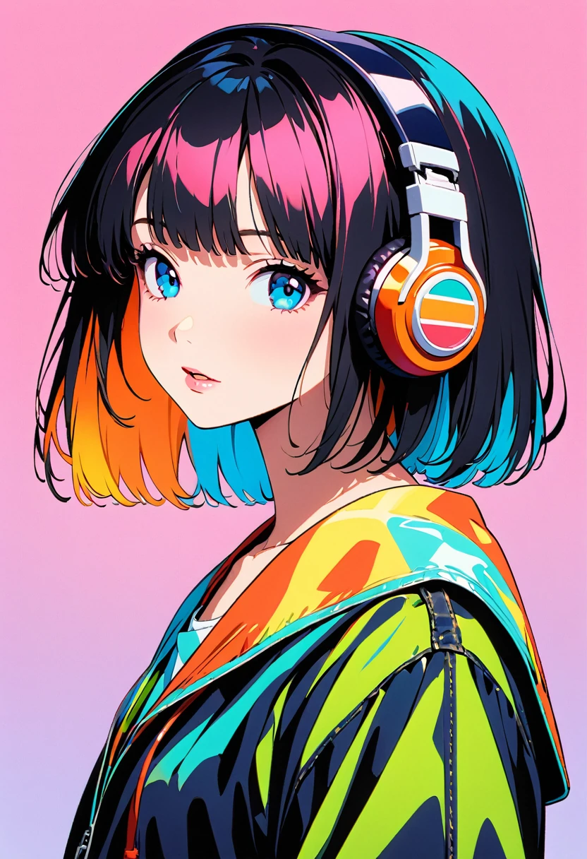 (Highest quality:1.2, City Pop Style, Very detailed, Latest, Vibrant, High Contrast, masterpiece:1.2, Highest quality, Best aesthetics), girl, ((Face Up Shot:1.4)), Colorful Hair, Bobcut, pastel colour, 1980s style, ((Retro, Vintage, Plain background))( Headphones)