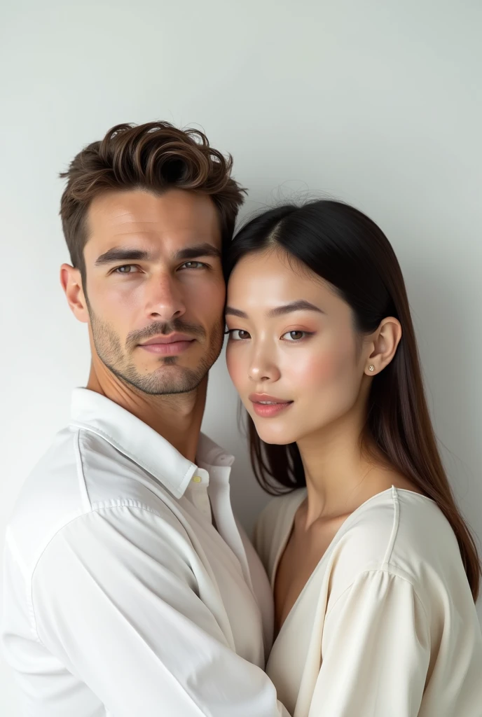 On the left there should be an image of a Caucasian man about 30 years old, On the left is an image of a 30 year old woman. Haircuts should not be pointed or raised.. In a white background, each 3x4