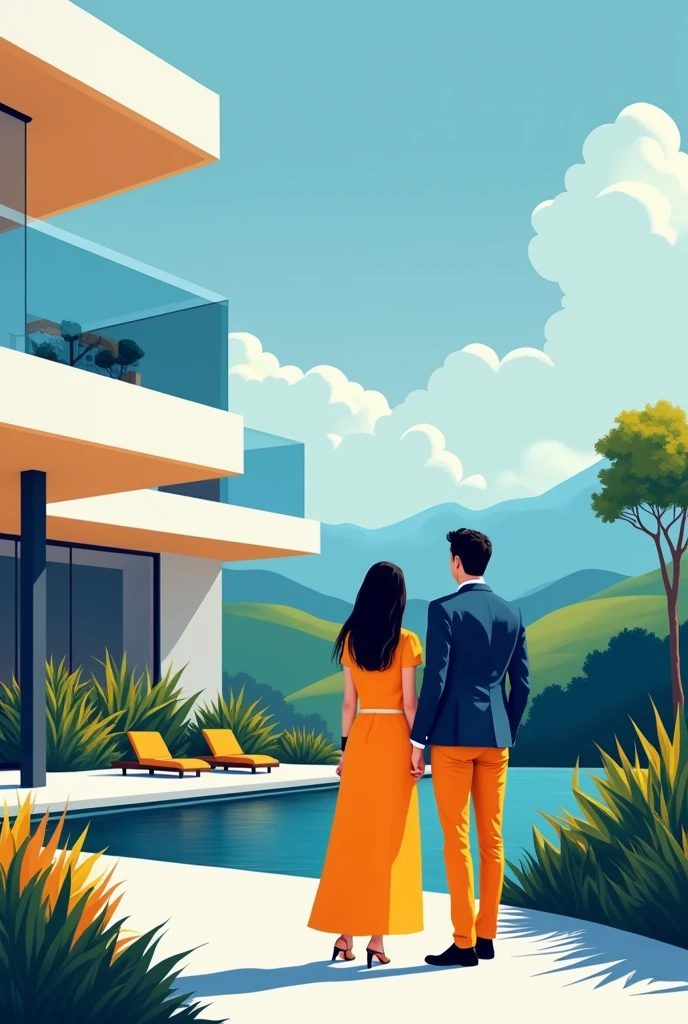 Une affiche publicitaire pour location de maison moderne et vente de terrain.utilise la couleur blanc ,bleu et orange .