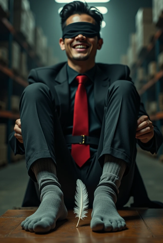 Malaysia malay handsome 21 years celebrity
His hand tied up  in warehouse 
Blindfolded
Black Suit and Red tie
feet on desk
feather
shoes on desk 
5 toes each feet 
Grey sock
Smock effect smelly sock
2 man holding feather duster at his feet
He laugh very hard