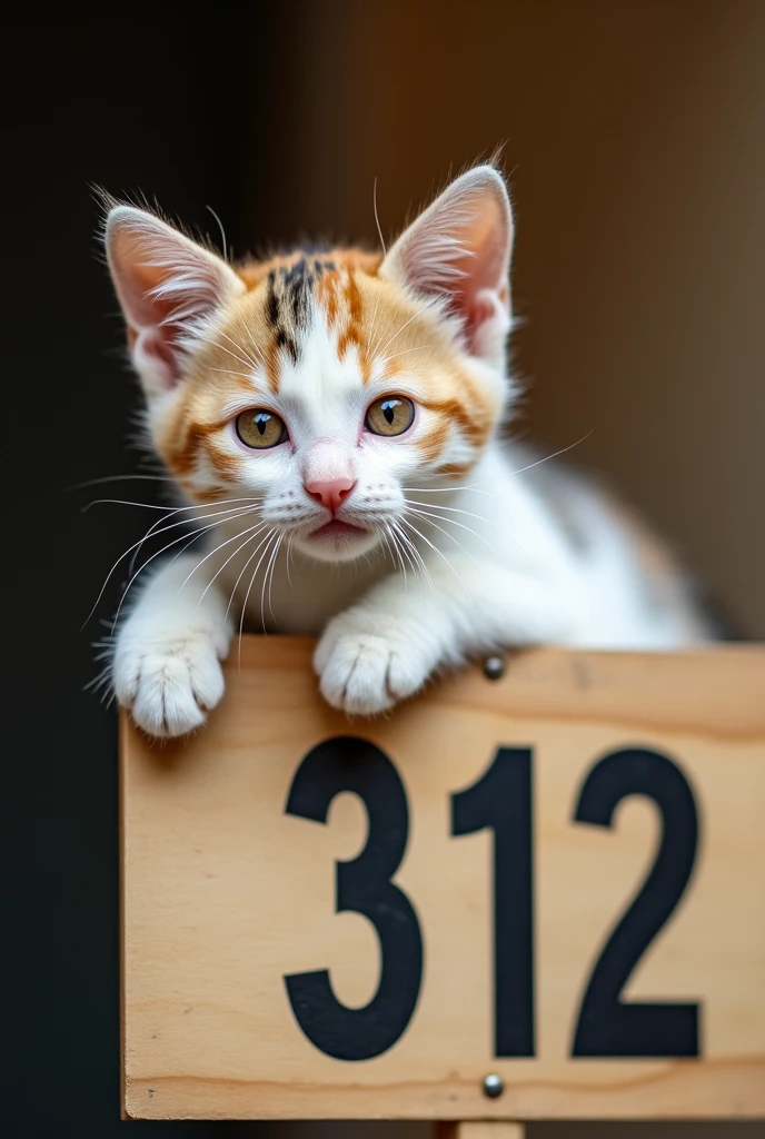 "Cute cat lying on the sign, big eyes,The sign says 312;Cat&#39;s fur is soft，Mixed with white and light brown spots.. Increases the cuteness of cats. The background is simple and solid color，slightly obscured.、Focus on cats. The lighting is natural, Increases hair softness, Warm light. Cats love to play、Looks friendly, Large target, Round eyes looking straight ahead."
