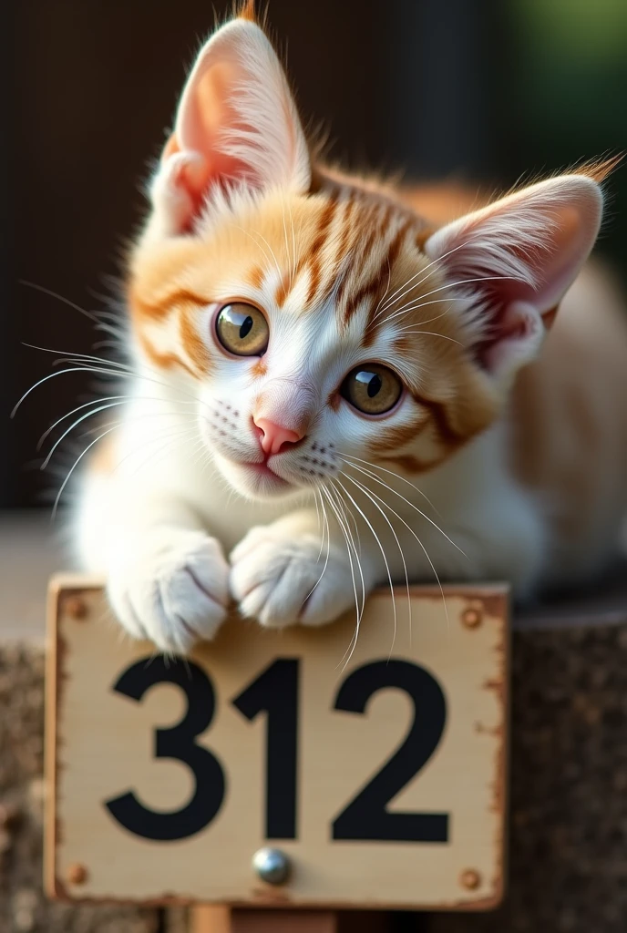 "Cute cat lying on the sign, big eyes,The sign says 312;Cat's fur is soft,Mixed with white and light brown spots.. Increases the cuteness of cats. The background is simple and solid color,slightly obscured.、Focus on cats. The lighting is natural, Increases hair softness, Warm light. Cats love to play、Looks friendly, Large target, Round eyes looking straight ahead."