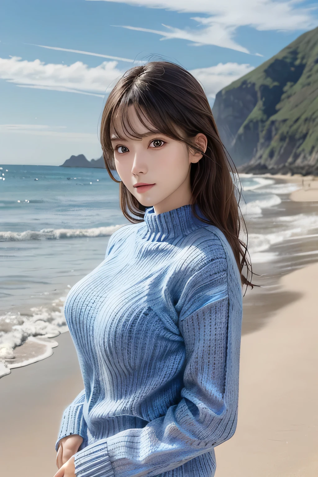 1girl, etv1,best quality,HDR,UHD,8K,realistic,upper body,facing_viewer,Middle Breasts, Slim Body,(blue knit sweater:1.2), beach,
