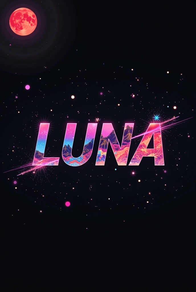 High resolution, logo spelling swiftly “Luna” cool, Jdm theme, anime theme, Cyberpunk vibe name spelling, brand logo, logo for tshirt, brand logo “LUNA”, neon vibes, acid trip vibes, acid trip, shooting stars, acid trip inside “LUNA”, acid trip, hallucinations inside “LUNA”, Waves of hallucinations, splash, waves of futuristic hallucinations, futuristic wave, stars in the background, red strange moon,