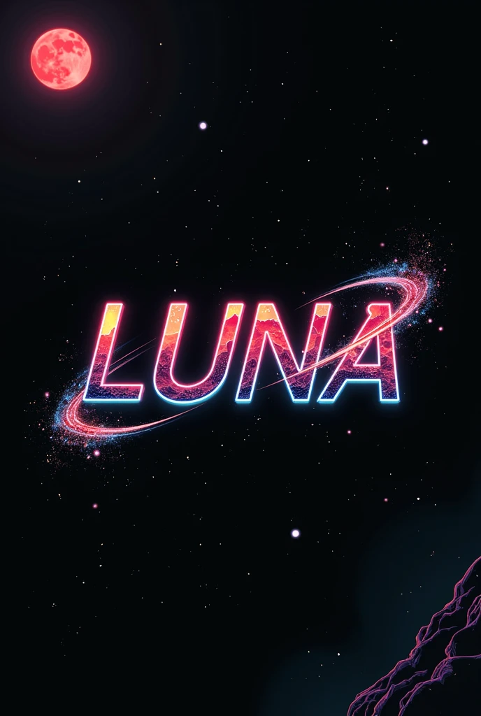 High resolution, logo spelling swiftly “Luna” cool, Jdm theme, anime theme, Cyberpunk vibe name spelling, brand logo, logo for tshirt, brand logo “LUNA”, neon vibes, acid trip vibes, acid trip, shooting stars, acid trip inside “LUNA”, acid trip, hallucinations inside “LUNA”, Waves of hallucinations, splash, waves of futuristic hallucinations, futuristic wave, stars in the background, red strange moon,