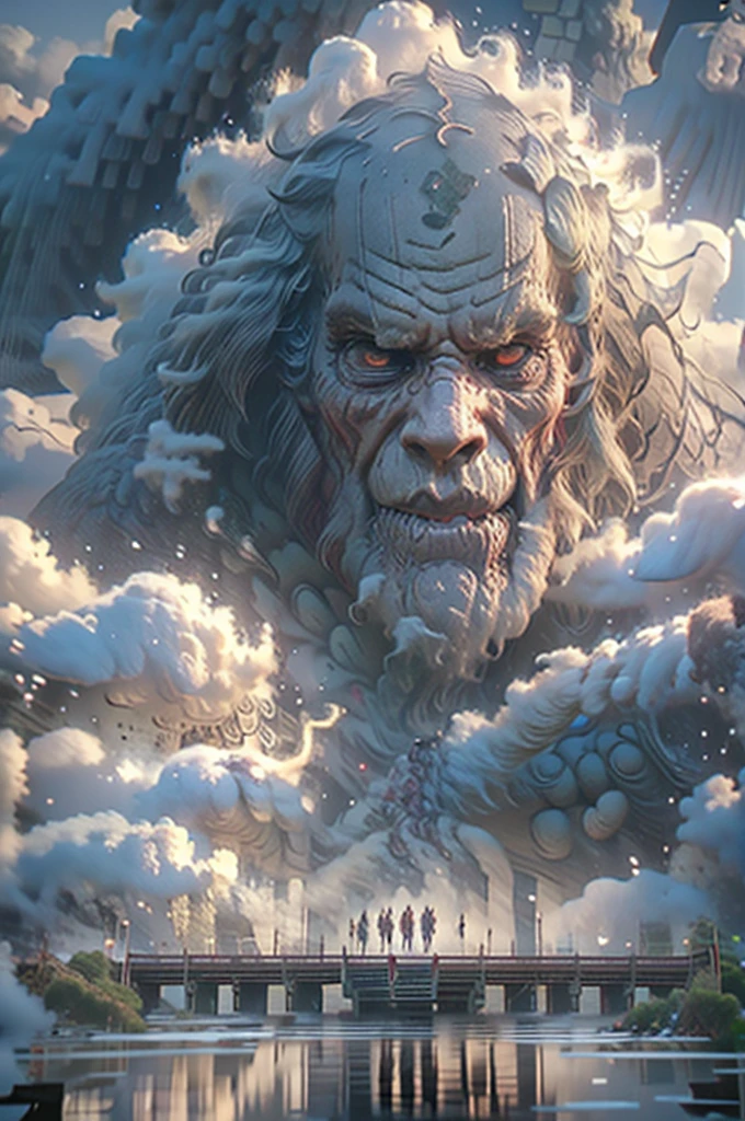 BJ_Sacred_beast,colossal titan, dark red skin, smoke, outdoors, sky, day, cloud, water, blue_sky, no_humans, cloudy_sky, building, scenery, reflection, monster, bridge, fog, cinematic lighting,strong contrast,high level of detail,Best quality,masterpiece,White background,