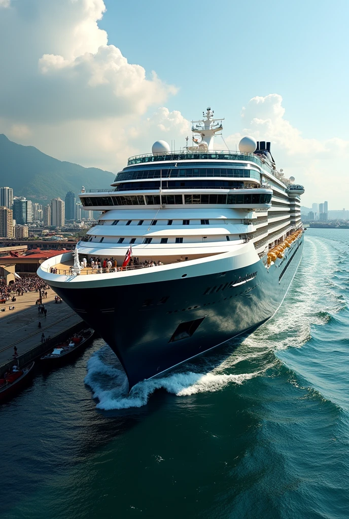 A cruise ship named MS Johann size of the harmony of the seas docking at Manila port with a black hull 