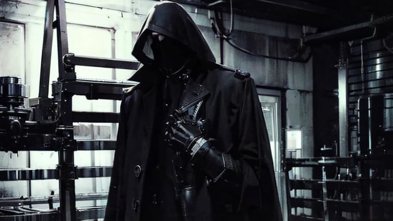 Black Hair、Cold look:1.5、Dark Background、night、whole photo、Black gloves、Ominous Machine Lifeform、Nihil、Half of his body is made of machinery、Mechanical Man:1.5、Modern clothing:、Creepy、Scary atmosphere、Long coat、basement、Dim lighting、Dark Shadows