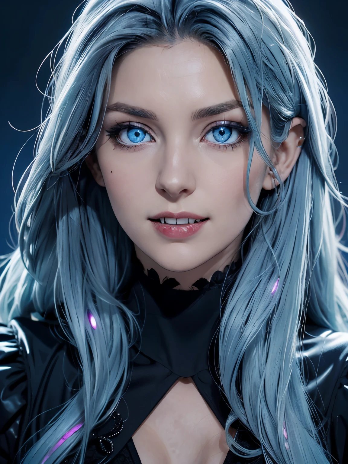 beautiful vampire woman in her 30s, with blue eyes and striking features, exuding maturity and allure in a seductive pose.(dark-blue background), pointy ears, (glowing blue eyes), ((big sharp fangs)), beauty, ((long white hair)), an14
