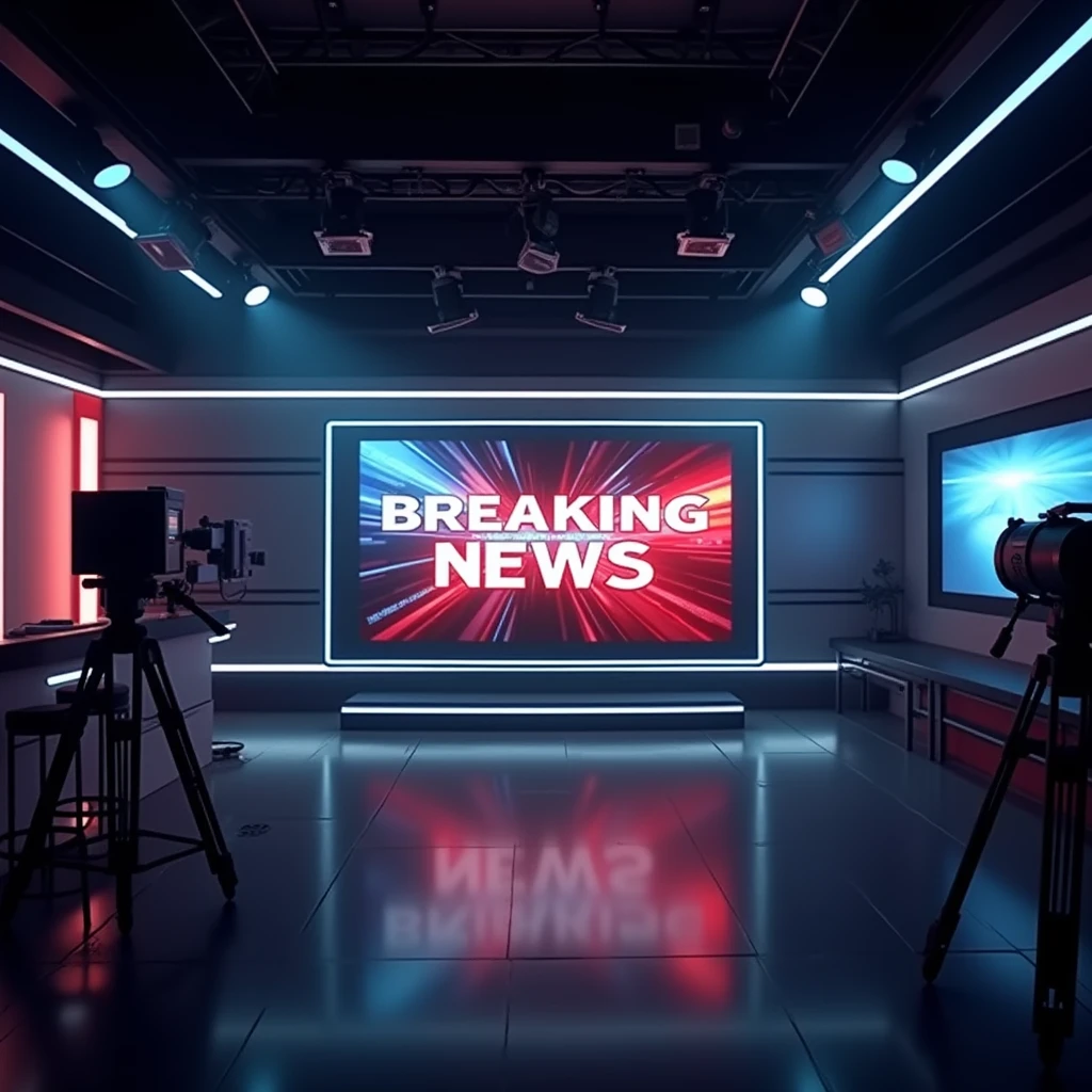 A news studio backdrop with a digital display showing the headline "Breaking News