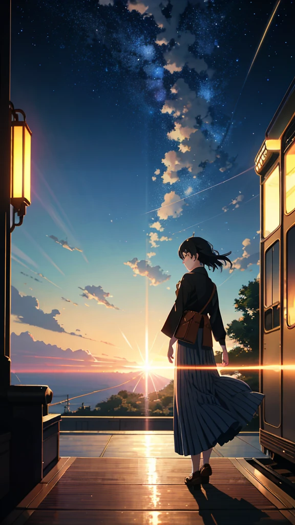 High quality masterpiece ,scenecy,Anime train passing through bodies of water on tracks, Brilliant night sky。Romantic train,pixiv,concept-art,Lofi art style,Reflectors。 by makoto shinkai, lofi art, beautiful anime scenes, Anime landscapes, Detailed scenery —width 672, in style of makoto shinkai, style of makoto shinkai,Detail enhancement。
