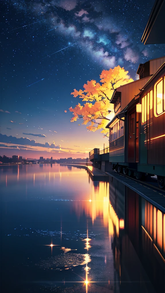High quality masterpiece ，scenecy，Anime train passing through bodies of water on tracks， Brilliant night sky。Romantic train，pixiv，concept-art，Lofi art style，Reflectors。 by makoto shinkai, lofi art, beautiful anime scenes, Anime landscapes, Detailed scenery —width 672, in style of makoto shinkai, style of makoto shinkai，Detail enhancement。