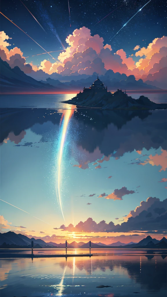 High quality masterpiece ，scenecy，Anime train passing through bodies of water on tracks， Brilliant night sky。Romantic train，pixiv，concept-art，Lofi art style，Reflectors。 by makoto shinkai, lofi art, beautiful anime scenes, Anime landscapes, Detailed scenery —width 672, in style of makoto shinkai, style of makoto shinkai，Detail enhancement。