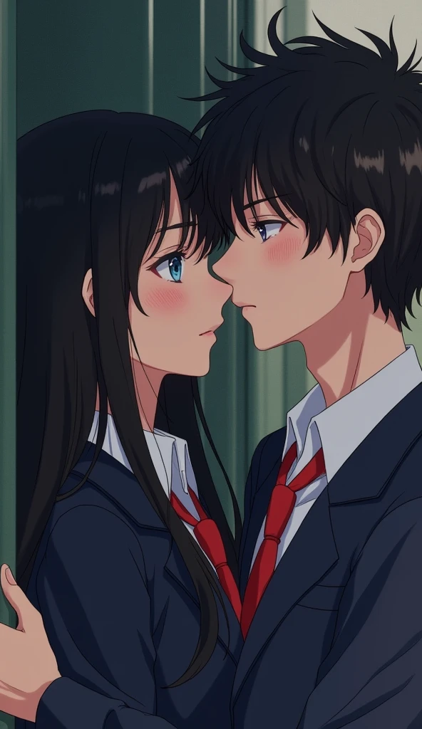 (32K:1.9, Realistic:1.9, Highest quality, masterpiece, Ultra-high resolution), Perfect dynamic composition, Highly detailed skin and facial textures:1.3, Detailed eyes, Detailed limbs, (Cute sexy slim Japanese schoolgirl, expensive、Skinny Japanese high school student), Fair skin, ((Clarity:1.1)), (Both men and women wear blazer-style uniforms and red ties.。.), (Boy faces girl:1.5, The boy glues his left hand to the wall:1.5), (smile:0.9, The girl completely charms the boy:0.9), (beautiful Blue Eyes, beautiful, Clear Eyes:0.8), The woman has long black hair, Sexy Face:0.4, blush:1.1, (beautifulエロティシズムを醸し出す雰囲気:0.8), Professional random camera work, Cinematic Lighting Effects, ((Full Body Shot)), ((Too erotic:0.9)) , romantic, mysterious, Object of admiration, original, dramatic, artistic, Innovative, charm, Heartful, Fancy, Tilt, sense of loss, special, exciting, Extreme, sense of openness, joy, joyの表現, ((若さのcharm, 女性的なcharm))