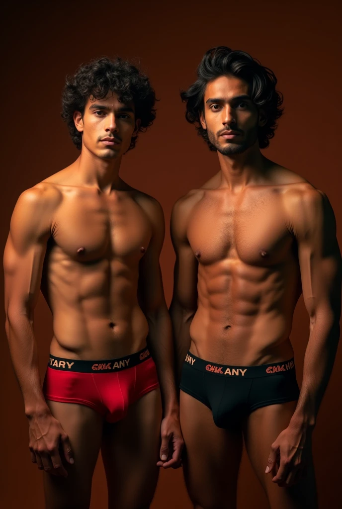 a 2 indian boy,male,black and red underwear,color lux classic company trunk underwear,one boy friend in same clothes,trunk underwear only,photorealistic,8k,highly detailed,hyperrealistic,cinematic lighting,chiaroscuro lighting,dramatic lighting,warm color palette,natural skin tones,muscular body,studio setting small trunk underwear front profile photo in home