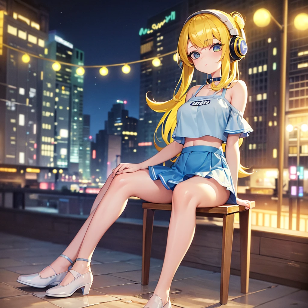 best quality, masterpiece, 1 girl, yellow hair, Blue eyes, splatoon, Highly transparent picture, medium breasts, short, blue headphones, white frilled crop tops, off shoulder, bare shoulder, blue short skirt, mini skirt, long hair, full body, sitting, wooden chair, yellow ink, night, city, delicate、、outside, Thick legs