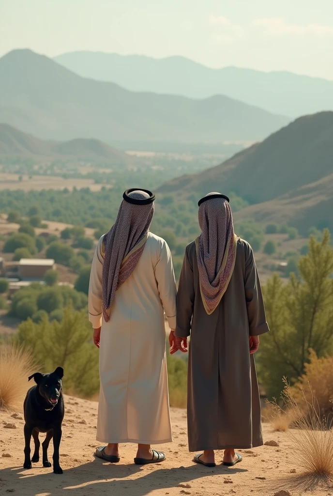 two hacker standing in a field with a view of a field, with village, in a scenic background, candid picture, in a vast serene landscape, hills in the background, amidst nature, ghutra and egal, with trees, fps view, very accurate photo, photo taken in 2 0 2 0, in desert, in front of a forest background with black dog 