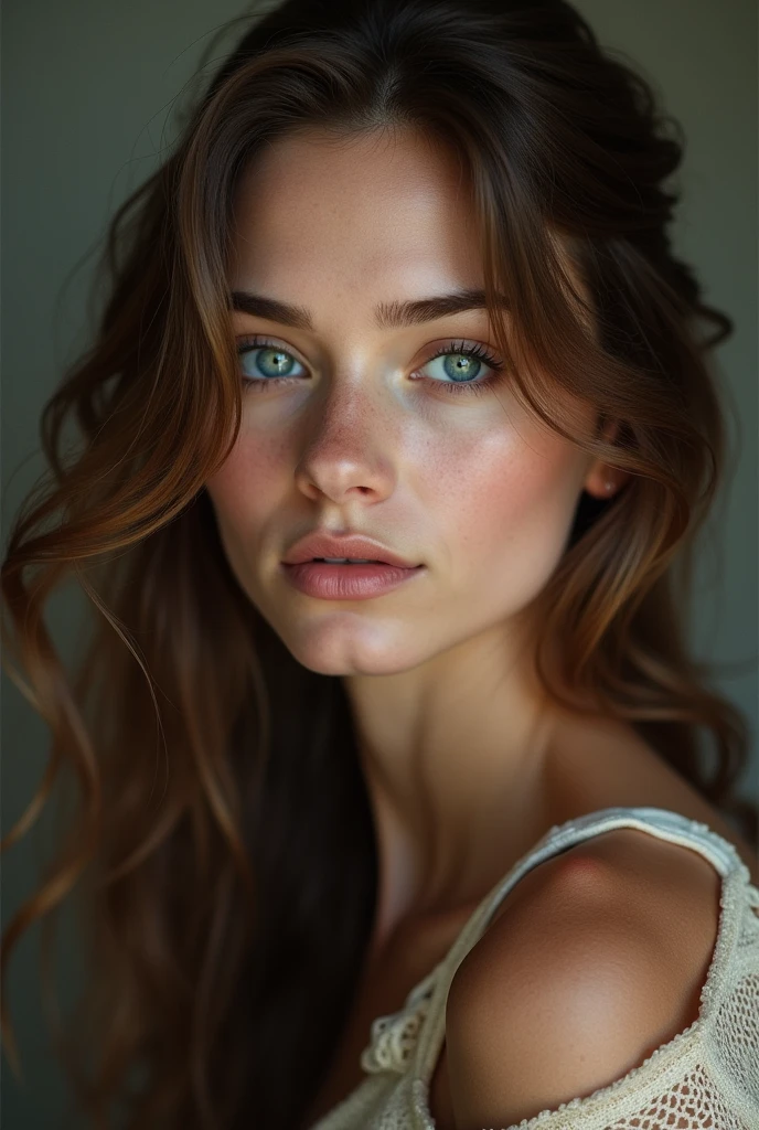 I want the face of a connected woman with brown hair and blue eyes she must be beautiful and very realistic