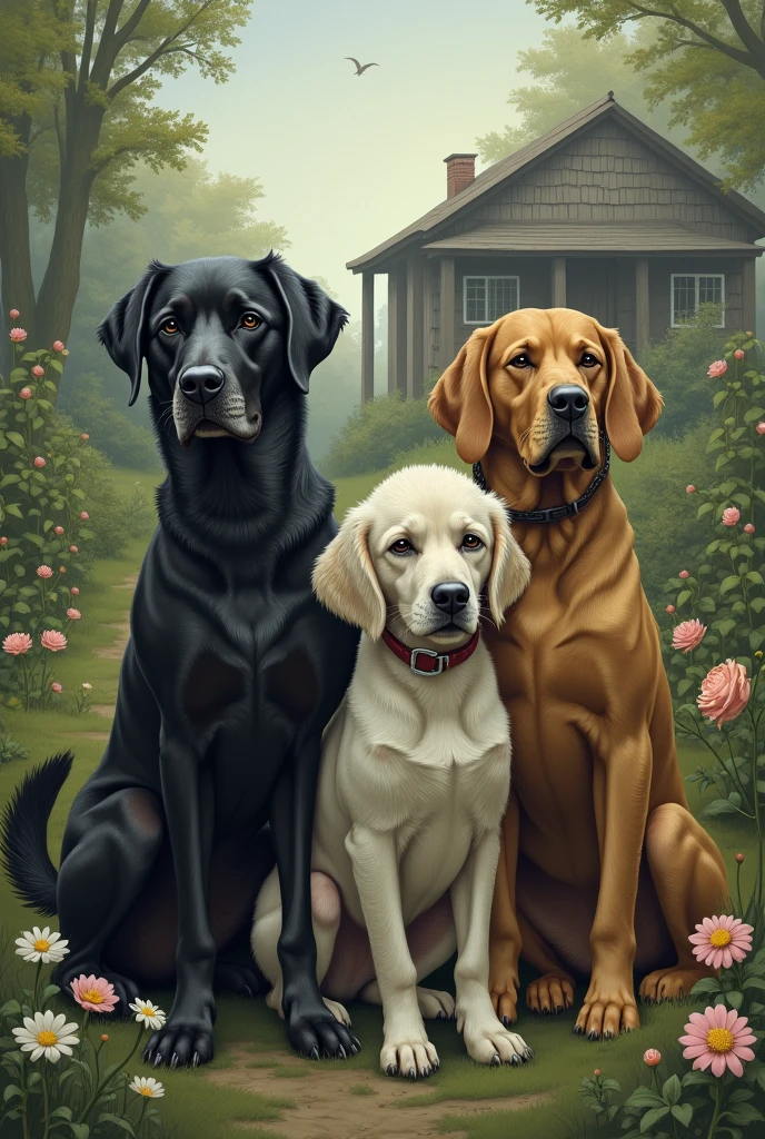 Four sad dogs of different breeds in a garden with a house in the background 