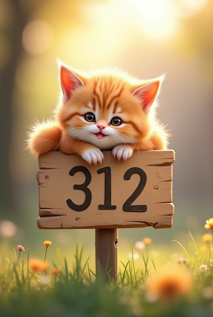 A super cute kitten lying on a sign that says 312,Smiling mouth