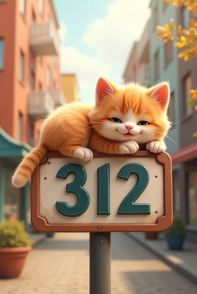 A super cute kitten lying on a sign that says 312，Smiling mouth