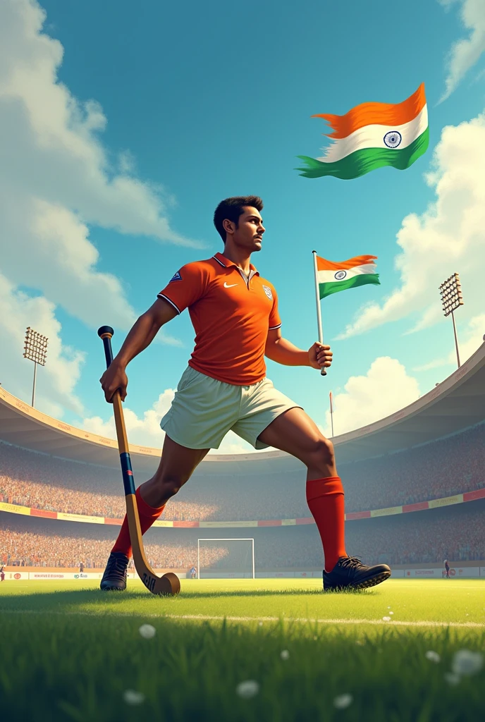 Create image on ‘National sports day of india' with front Hockey player major dhyan chand.