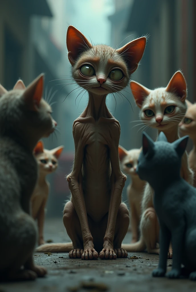 Generate 3D image of a cute cat which is crying because of his weak body and the other cats a laughing on it and other cats are healthy but but this cat is weak