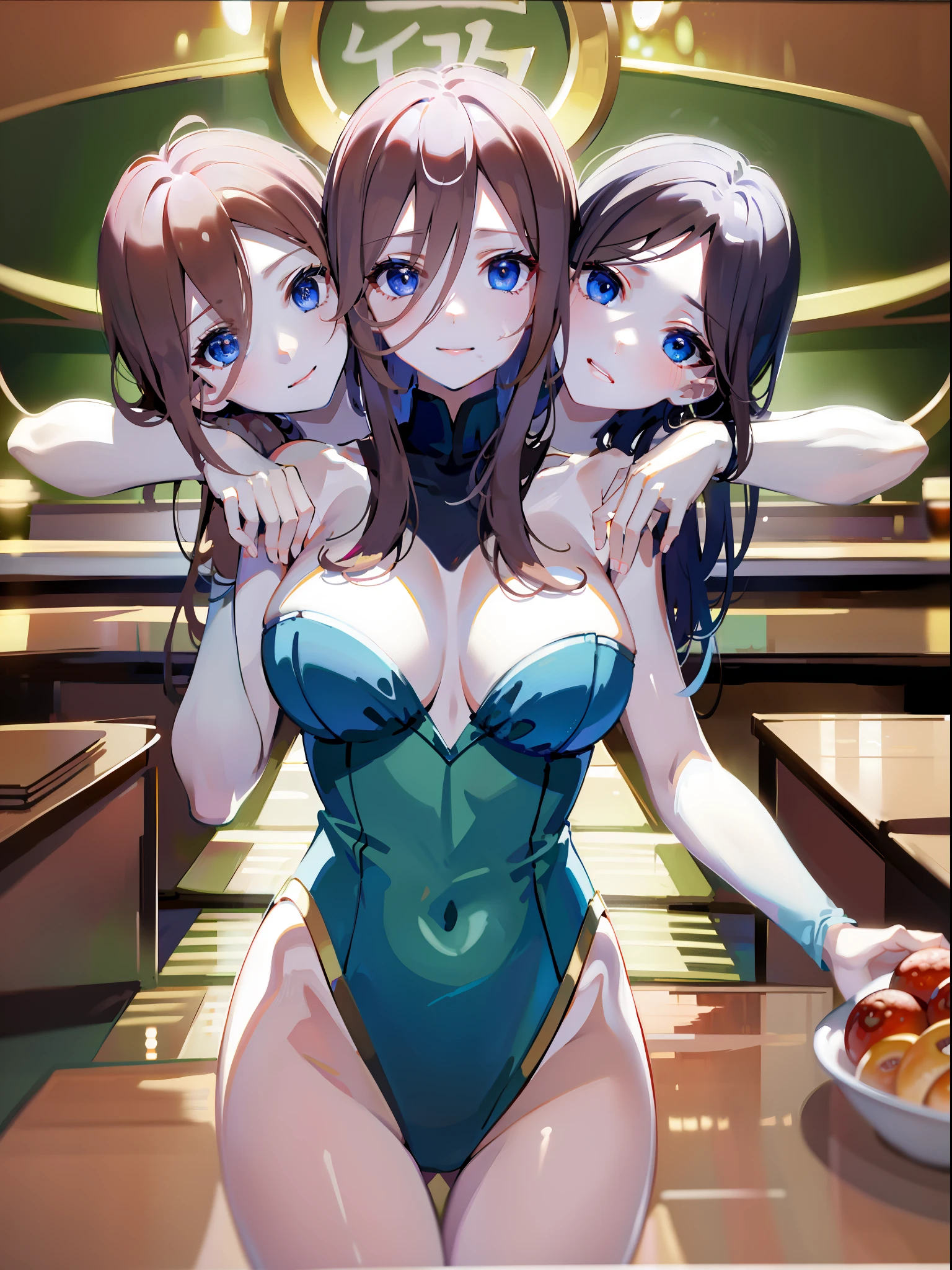 (Masterpiece, best quality), best resolution, (3 heads:1.5), 1 girl, Nakano Miku character, Bored, Headache, Hangover, In the pain, feel dizzy, brown hair, blue eyes, Close one eye, open mouth, Light blue T-shirt, Tan pants, Place your hand on your forehead, apartment kitchen,DSLR Photos, (8ก, 4K, Masterpiece),(Masterpiece, best quality), best resolution, (3 heads:1.5),Arms separated,arm circle, (Put your hands on your head...), (lower hand on ankle), (lower hand on leg), Full content in the frame, full body view, (four arms),(Multi-arm),(many hands), รูปร่างเพรียวบาง Masterpiece,best quality,best resolution,1 woman,many heads, upper body, smile, Facing the audience,,simple background,Beautiful face,Beautiful hair,beautiful eyes,beautiful body,Beautiful hands,conjoined twins