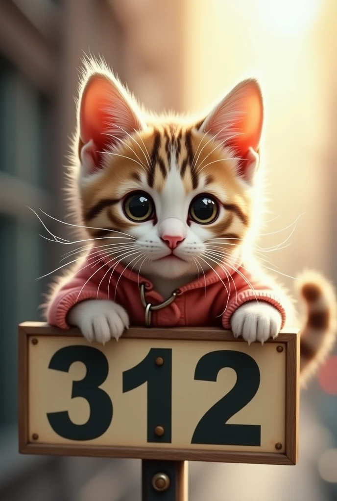 "Realistic cute cat lying on the sign, Facing straight ahead,The sign says 312;Cat&#39;s fur is soft，Mixed with white and light brown spots.. Fashionable and attractive clothes, Increases the cuteness of cats. The background is simple and solid color，slightly obscured.、Focus on cats. The lighting is natural, Increased softness of hair and clothing, Warm light. Cats love to play、Looks friendly, Large target, Round eyes looking straight ahead."

