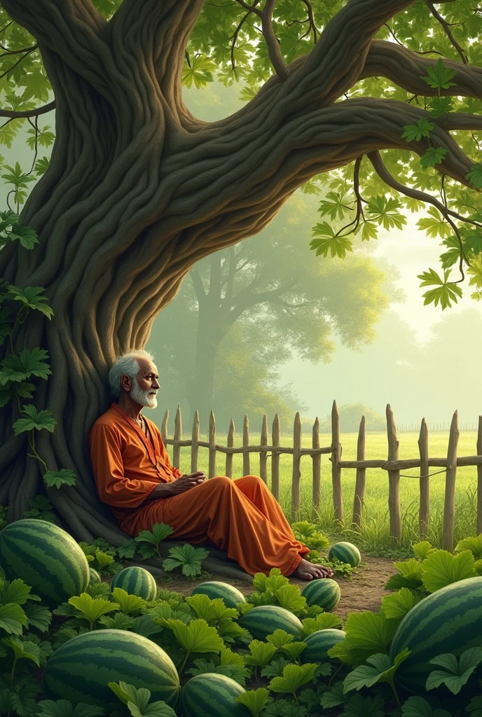 A Bengali man was lying in the shade of a banyan tree and guarding a watermelon garden