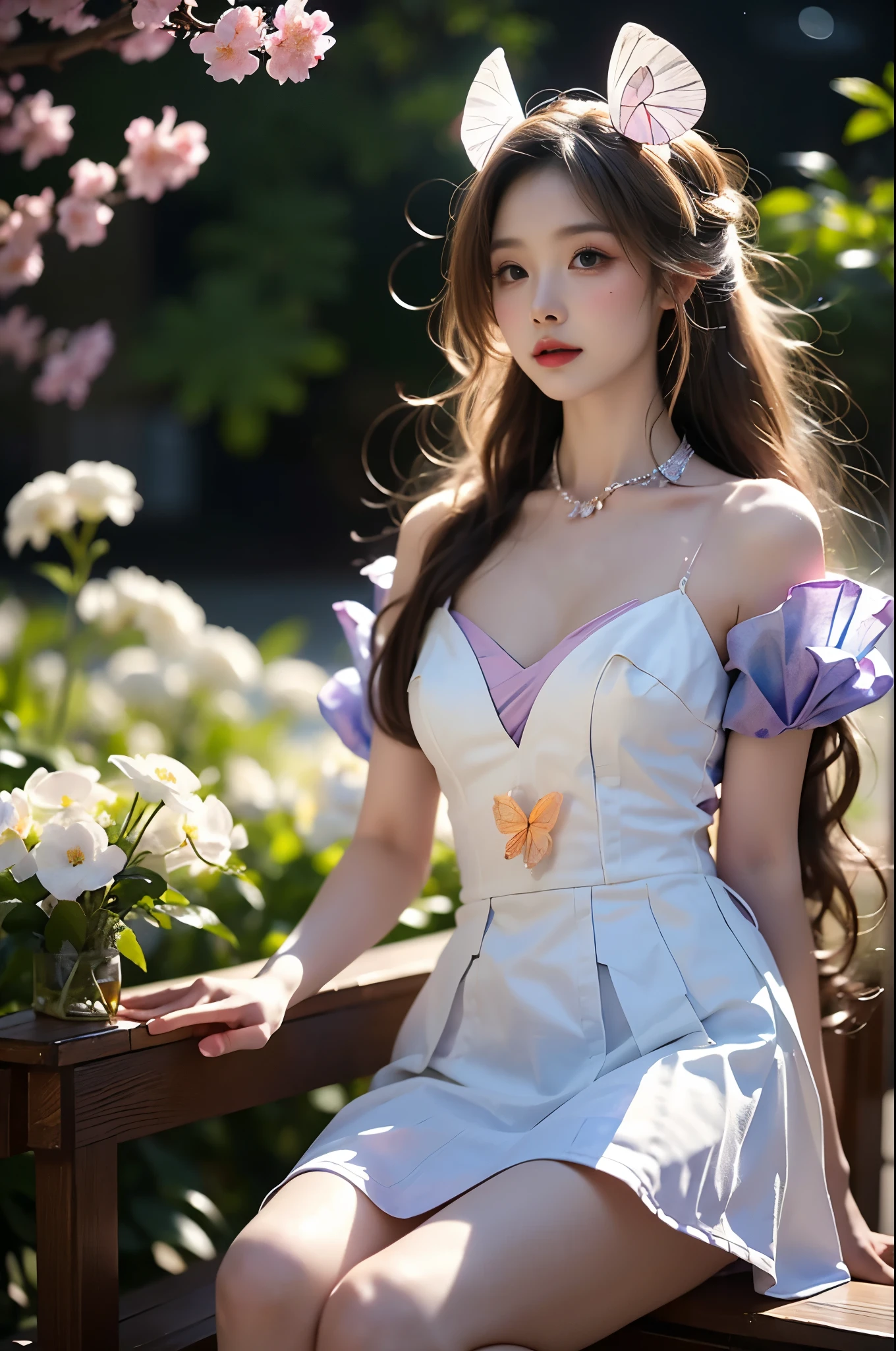  Elegant posture, She gently lifted her skirt with one hand,头发周围有白色的Butterfly兰，Lilac dendrobium、White Lily, Long legs , Deep in Wonderland, ((Flowing long hair))Official Art , Unity8k Wallpaper , Extremely detailed , Visible cleavage, Pretty and beautiful , 性感Long legs, masterpiece , best quality ,Practical, Very detailed illustrations ,Extremely detailed , Intricate details , Extremely complex and detailed , Very detailed 8KCG wallpaper , Caustics .reflection , Ray Tracing , Devil theme ,nebula ,Dark aura, Network Effects , (1 girl)solitary , 小蓝Butterfly , (Blue plasma flame , (insect , Butterfly)) Pastel tones in Rococo style ,Light white and light dark red , Incredibly beautiful , Cherry blossoms , Surrealism ,painting , Ethereal , Mixing reality and fantasy elements ,Ray Tracing , Complex Mode , Exquisite lines , Perfect your hands, Starry Sky , Colorful , Star