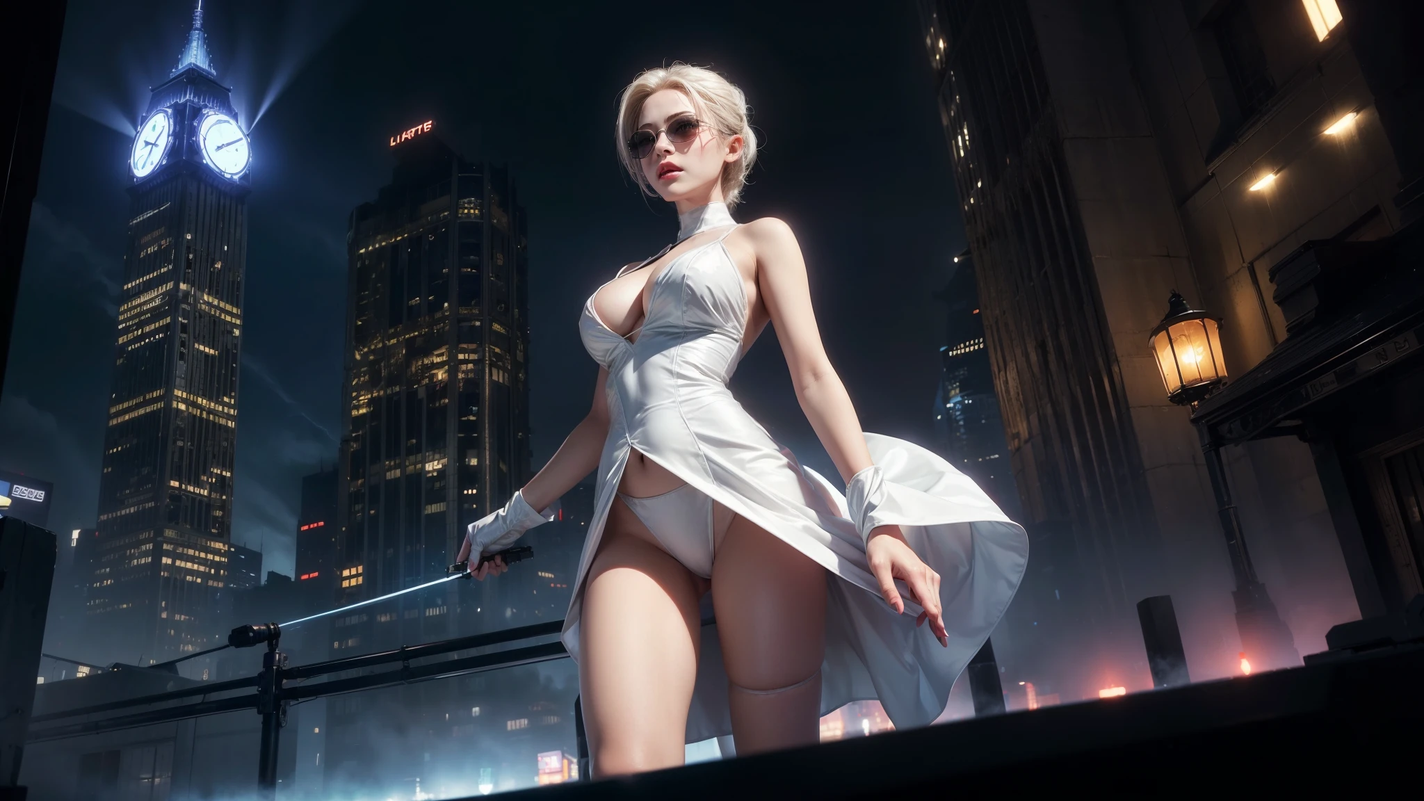 (Wide angle view). Matrix film inspired New York city, simple outlined neon tall buildings, glowing giant clock tower, year 1937 cars, lightning, 3D rendering Beeple. At night, (1girl, solo, alone), photorealistic, large-breast slim:0.6 body, oval:0.5 face, cleavage:1.1, very low angle view of sexy ethereal white dress, deep-v, ((upskirt)), glove, (Matrix style black micro sunglasses), ((aiming viewer with a short gun)), (half-body thigh level close-up shot), cinematic lighting, ray tracing.