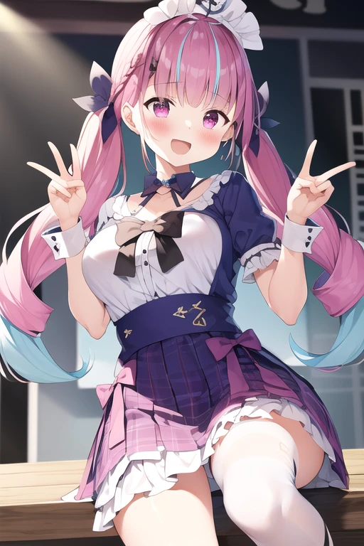 Minato Akua、Multi-colored hair、Twin-taileis、inner hair color、Two-tone hair、Drill Hair、twin isrills、Ahoge、Ankle cuffs、striateis hair、 (Highest quality, 8k, masterpiece, Super isetaileis:1.2), peace sign,Raise your hands,Spread your legs wide,Dynamic pose, Particles of light, Shine, Beautiful fine isetails, Shine肌, Shine髪,
Day, Speckleis Daylight,One Girl, alone, skirt, smile, cute, Happy, Open your mouth, pleateis , Short sleeve, :is, clavicle, bow , Live Stage, Neon Light, many auisience,
