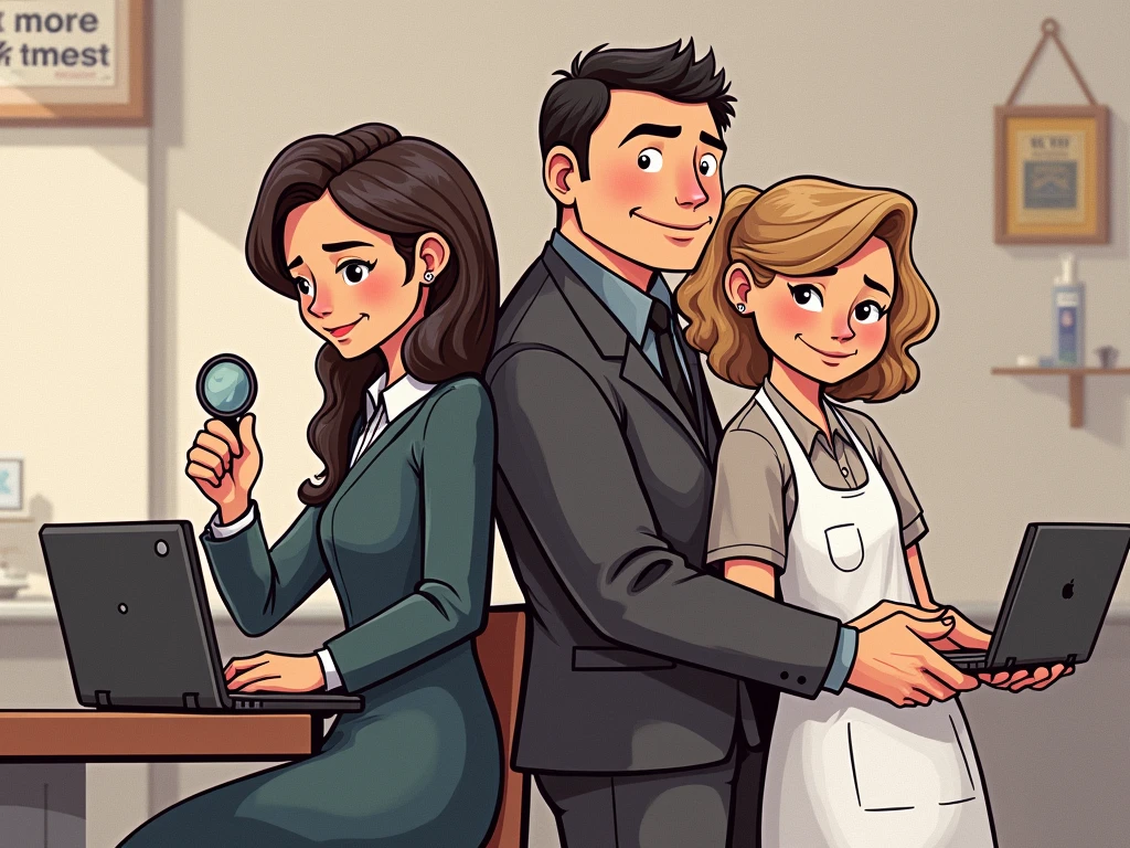 Woman wearing doctors apron holding mouth mirror with man in formals using laptop not wearing apron not holding mouth mirror in white background leaning on each others back animated