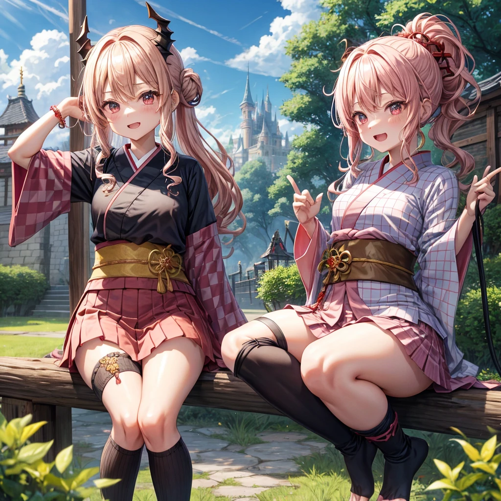 Pink Blonde、Red eyes、Wavy Hair、Hair tied up、Two cute、Checked mini skirt、black t-shirts、kimono、Frills、Knee-high socks、Teeth are visible、Monster Castle、Tilting face、grass、Stones are growing out of the ground.、In front of the city gates、Underground tunnels、Wooden bridge、The stone is cracked、Ashura Statue、Giant wood、Round、There's a hole in the ground