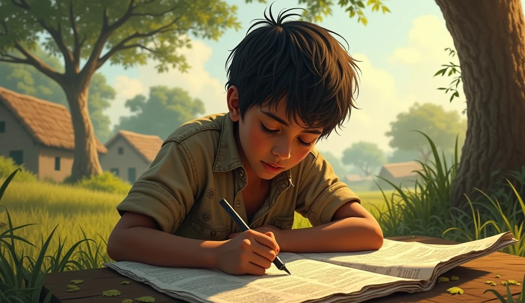 একটি প্রেরণাদায়ক গল্পের দৃশ্যাবলী চিত্রিত করুন যেখানে একজন গরিব ছেলে রাহুল, গ্রামীণ পরিবেশে, পুরনো কাগজের টুকরোতে লেখার চেষ্টা করছে।