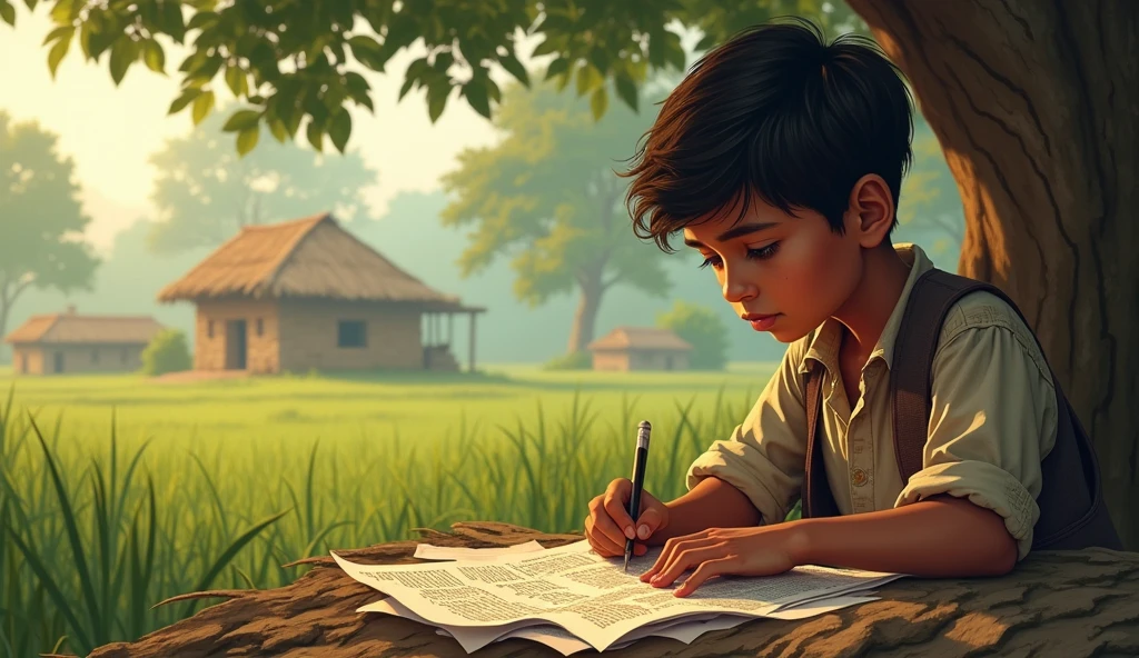 একটি প্রেরণাদায়ক গল্পের দৃশ্যাবলী চিত্রিত করুন যেখানে একজন গরিব ছেলে রাহুল, গ্রামীণ পরিবেশে, পুরনো কাগজের টুকরোতে লেখার চেষ্টা করছে।