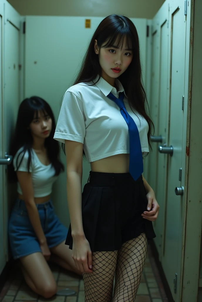 (A shabby and worn-out public restroom).Korean woman.korean beauty.Korean model.South Korean girl groups. She is wearing a tight white school uniform shirt, a blue tie, a black skirt, a short tight school uniform skirt, and black fishnet stockings that reach her thighs..
(Big hearted).(full body shot).(front shot).realistic.G-cup chest.
The pelvis is a supermodel. The shirt button is undone, revealing a black bra..(A middle-aged man stands next to a woman, unzipping his pants.).A woman kneels on the floor with a disgusted expression and looks at the zipper of a man&#39;s pants.).