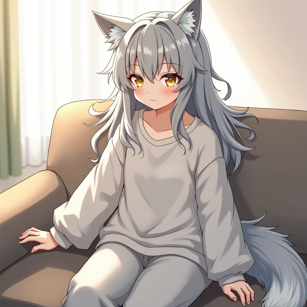 Anime, Demi-Human, Wolf, Long silver hair is a little messy, Gold eyes, white skin, wolf ears, Silver wolf tail, baggy shirt and pants, sit on the couch