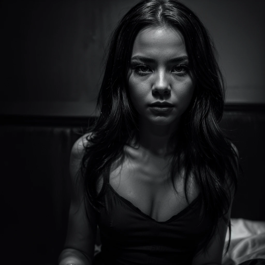malese jow, full lenght professional photography black and white, detailed beautiful face, stunning eyes, elegant expression, dramatic lighting, high contrast, cinematic mood, moody atmosphere, masterpiece, (best quality,8k,highres,ultra-detailed,realistic,photo-realistic:1.37),