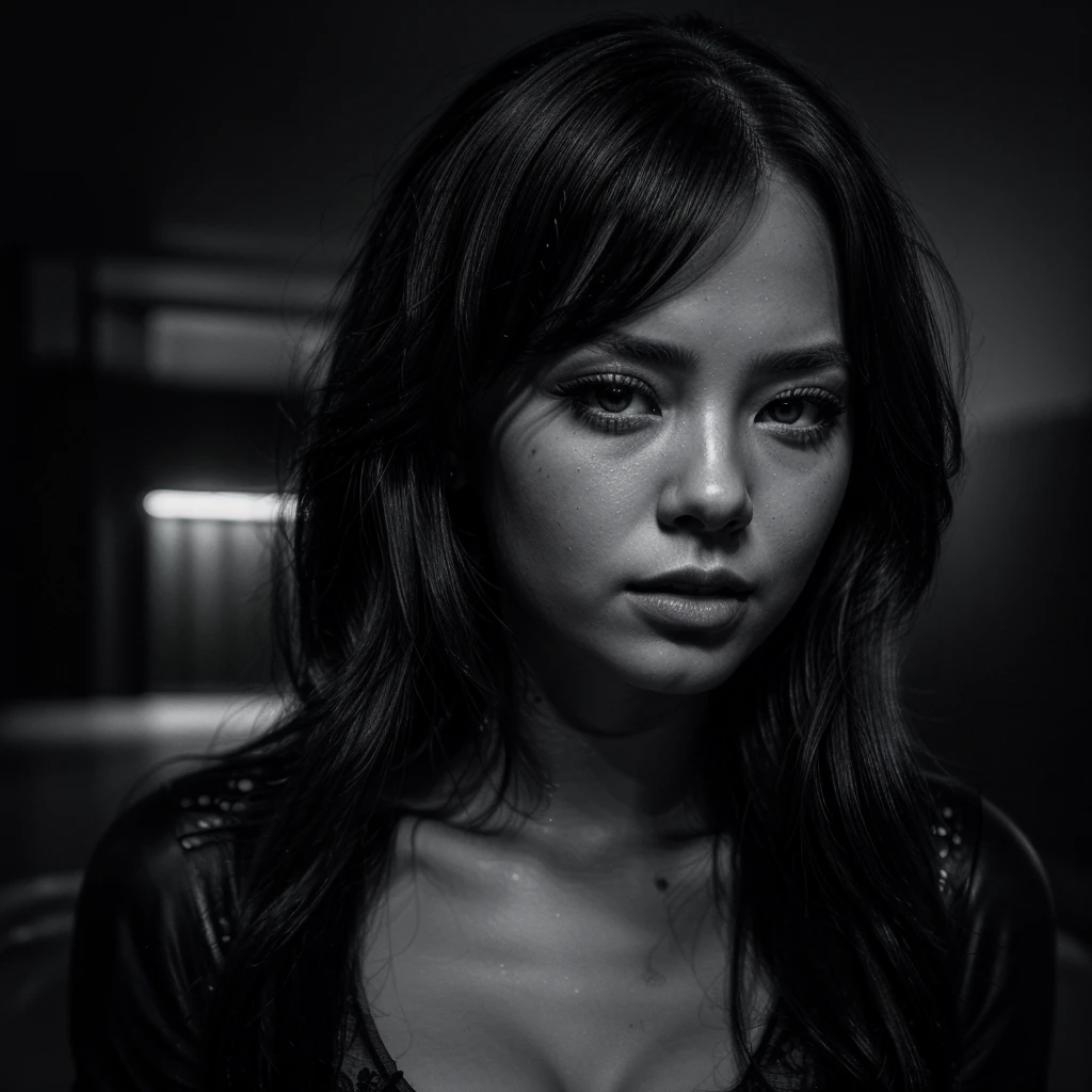 malese jow, full lenght professional photography black and white, detailed beautiful face, stunning eyes, elegant expression, dramatic lighting, high contrast, cinematic mood, moody atmosphere, masterpiece, (best quality,8k,highres,ultra-detailed,realistic,photo-realistic:1.37),