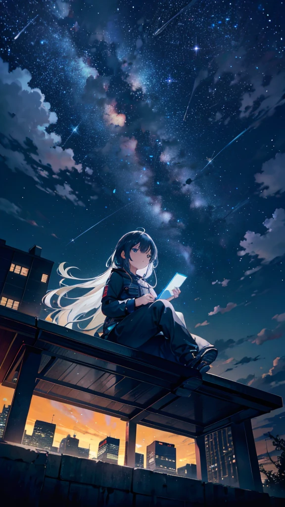 octane, sky, Star (sky), scenery, Starry sky, Night, 1girll, Night sky, Solo, Outdoors, Building, Cloud, Milky Way, Sitting, tree, Long hair, City, Silhouette, Cityscape, Looking Up The Sky, 8K, Beautiful night sky, Ray tracing, Masterpiece, Cute face