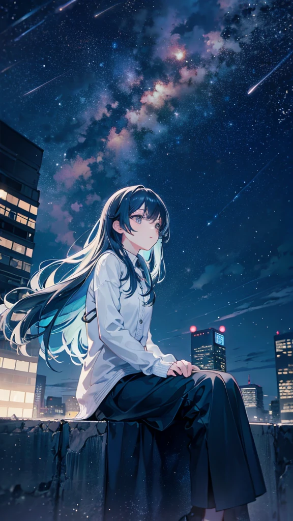 octane, sky, Star (sky), scenery, Starry sky, Night, 1girll, Night sky, Solo, Outdoors, Building, Cloud, Milky Way, Sitting, tree, Long hair, City, Silhouette, Cityscape, Looking Up The Sky, 8K, Beautiful night sky, Ray tracing, Masterpiece, Cute face