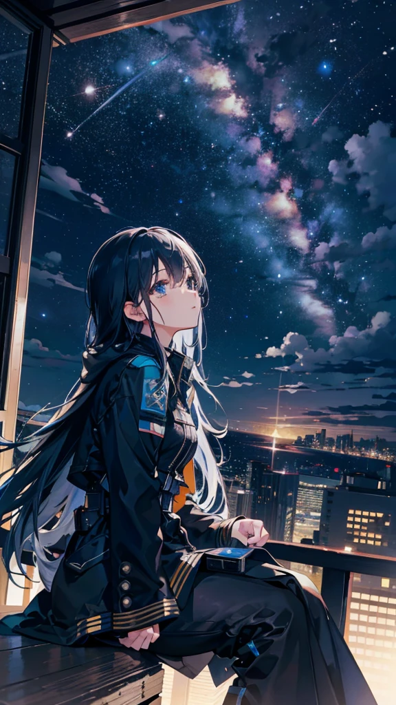 octane, sky, Star (sky), scenery, Starry sky, Night, 1girll, Night sky, Solo, Outdoors, Building, Cloud, Milky Way, Sitting, tree, Long hair, City, Silhouette, Cityscape, Looking Up The Sky, 8K, Beautiful night sky, Ray tracing, Masterpiece, Cute face