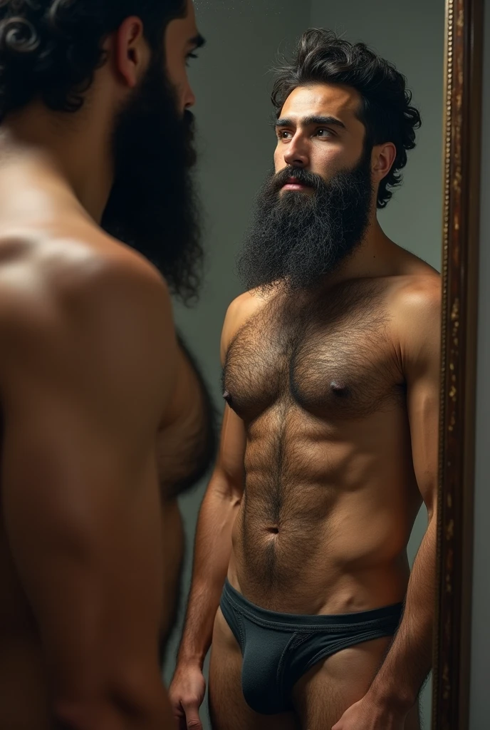 Strong hairy bearded young Iranian man in front of mirror naked nude from hips up, hairy groin, a lot of fur, top showing.