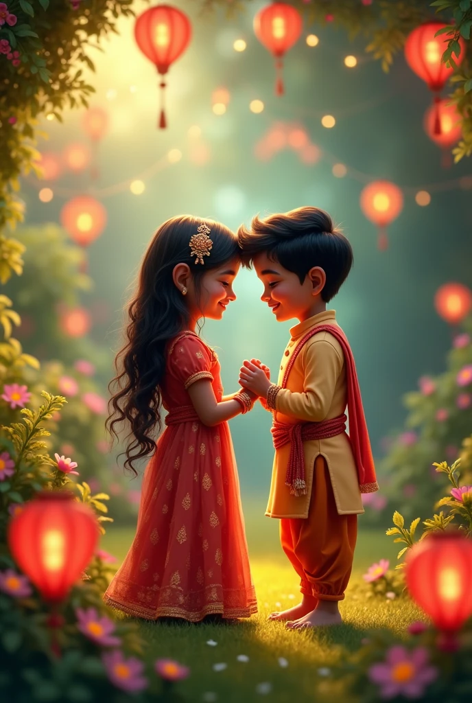 Magical gardens decorated with twinkling lights and colorful lanterns,Sets the mood for a heartwarming moment between an Indian brother and sister。. Sister gently ties the ragi on her brother,, Warm lights shining,Add a bit of dreamy atmosphere.